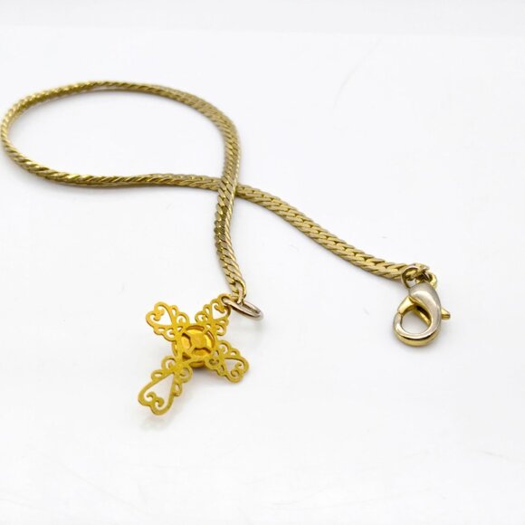 Vintage Chain Bracelet with Filigree Cross Charm, Gold Tone with Millefiori Glas - Picture 3 of 5